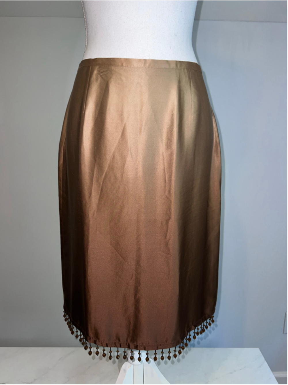 NY & CO Midi Skirt Bronze Brown Silk Beaded Hem